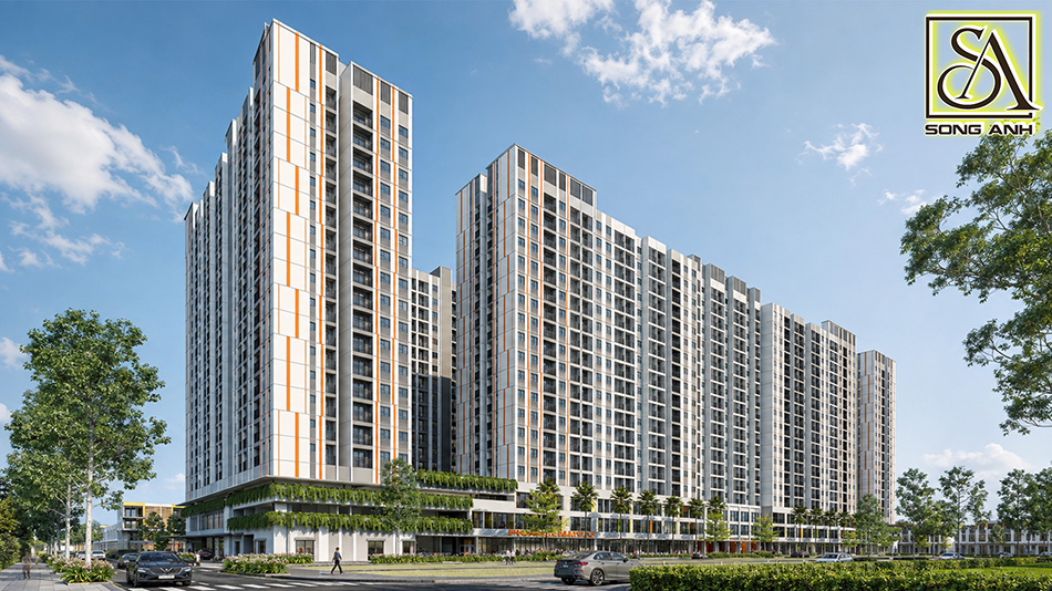 Phối cảnh khối tháp K-Home Apartment với mảng cây xanh trên khối đế, công viên và sân chơi ở tầng mặt đất